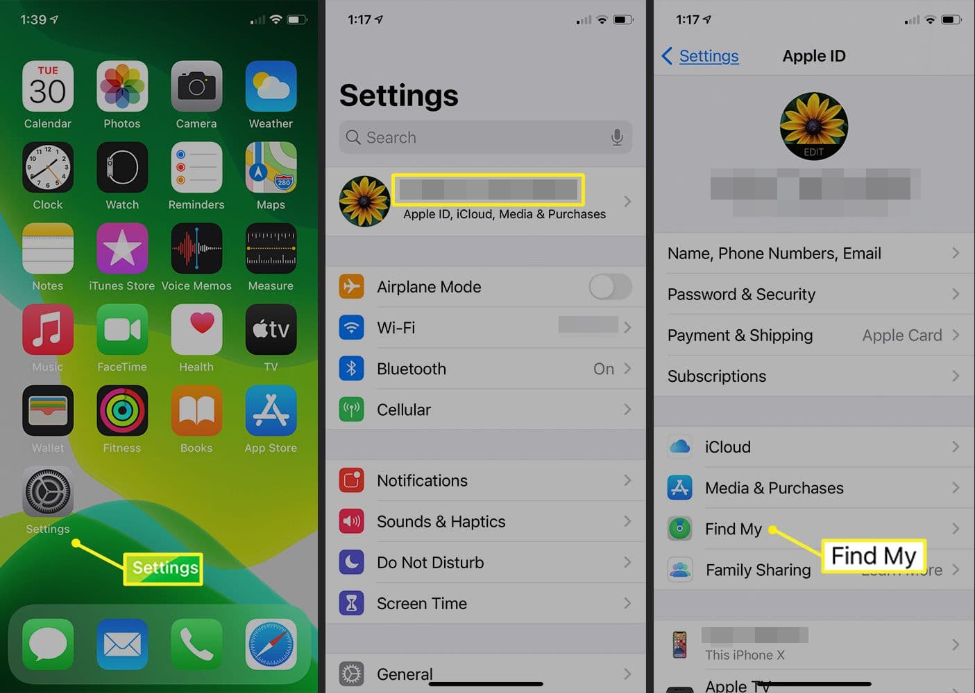 iPhone showing the Find My app with a device location pinned on a map