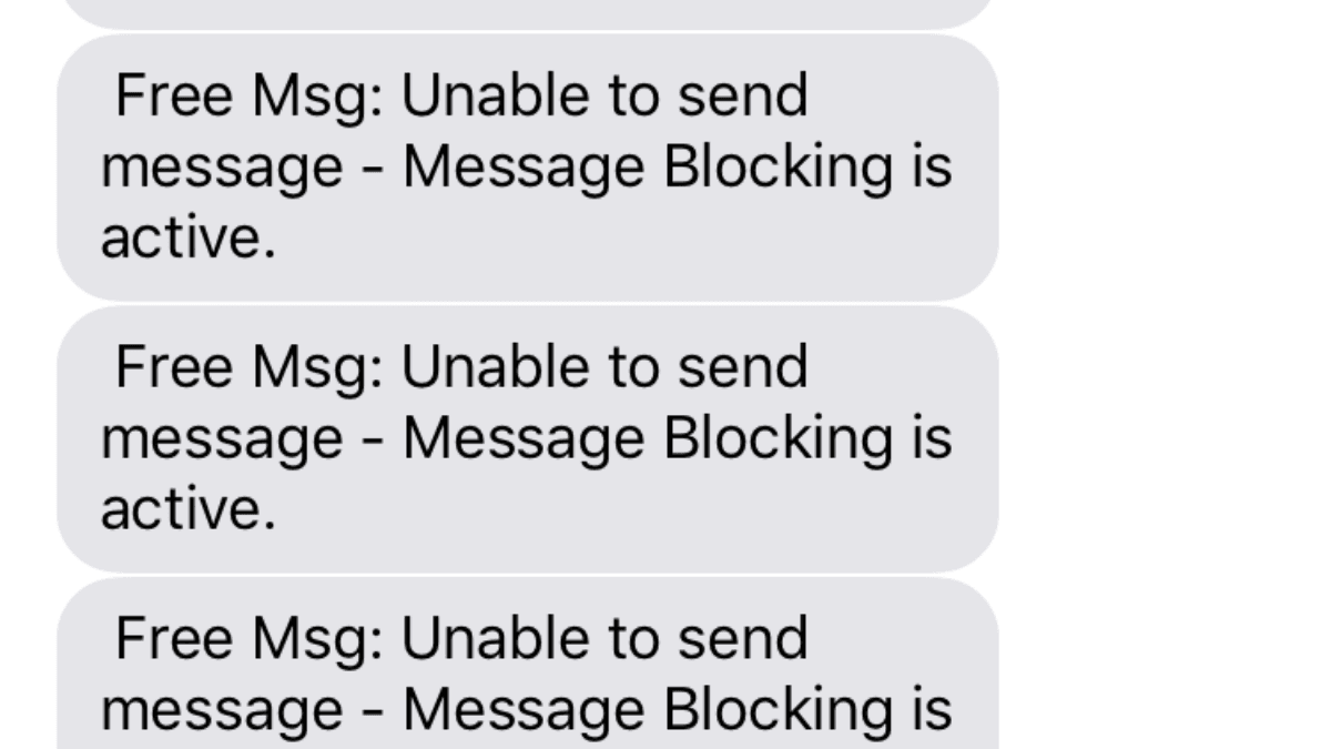 Phone screen showing the Message Blocking Is Active error after a failed text