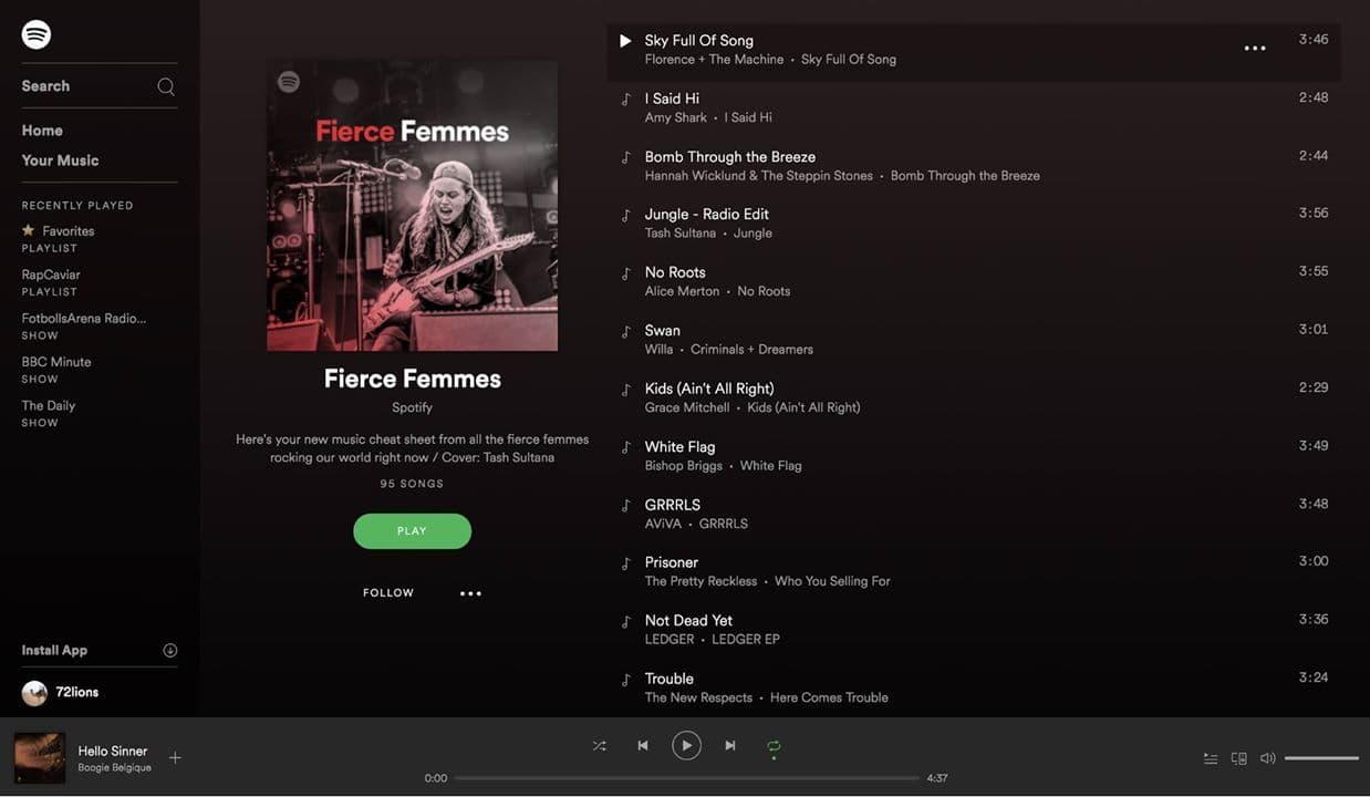 Spotify Web Player open in a desktop browser showing playlists and the now-playing bar
