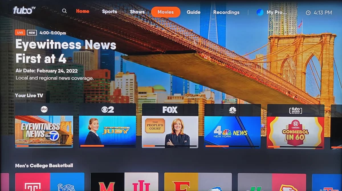 Fubo streaming app open on a TV showing live sports channels