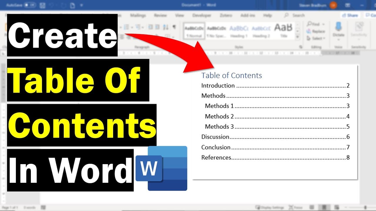 Microsoft Word References tab with the Table of Contents menu open