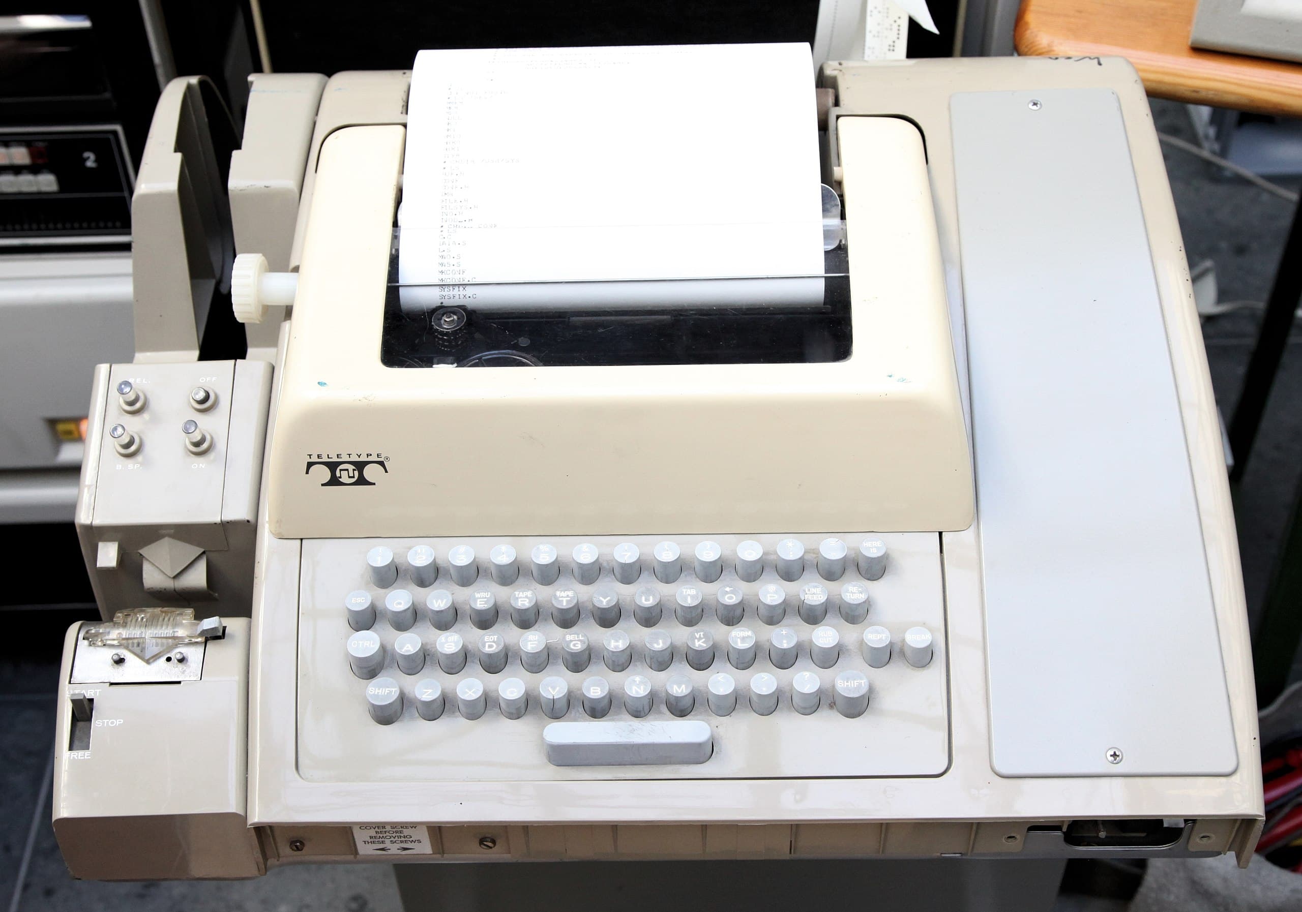 A vintage electromechanical teletype machine used as an early computer input and output device