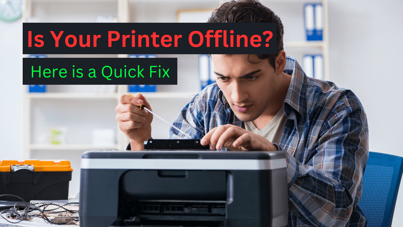A desktop printer showing an offline status warning next to a laptop