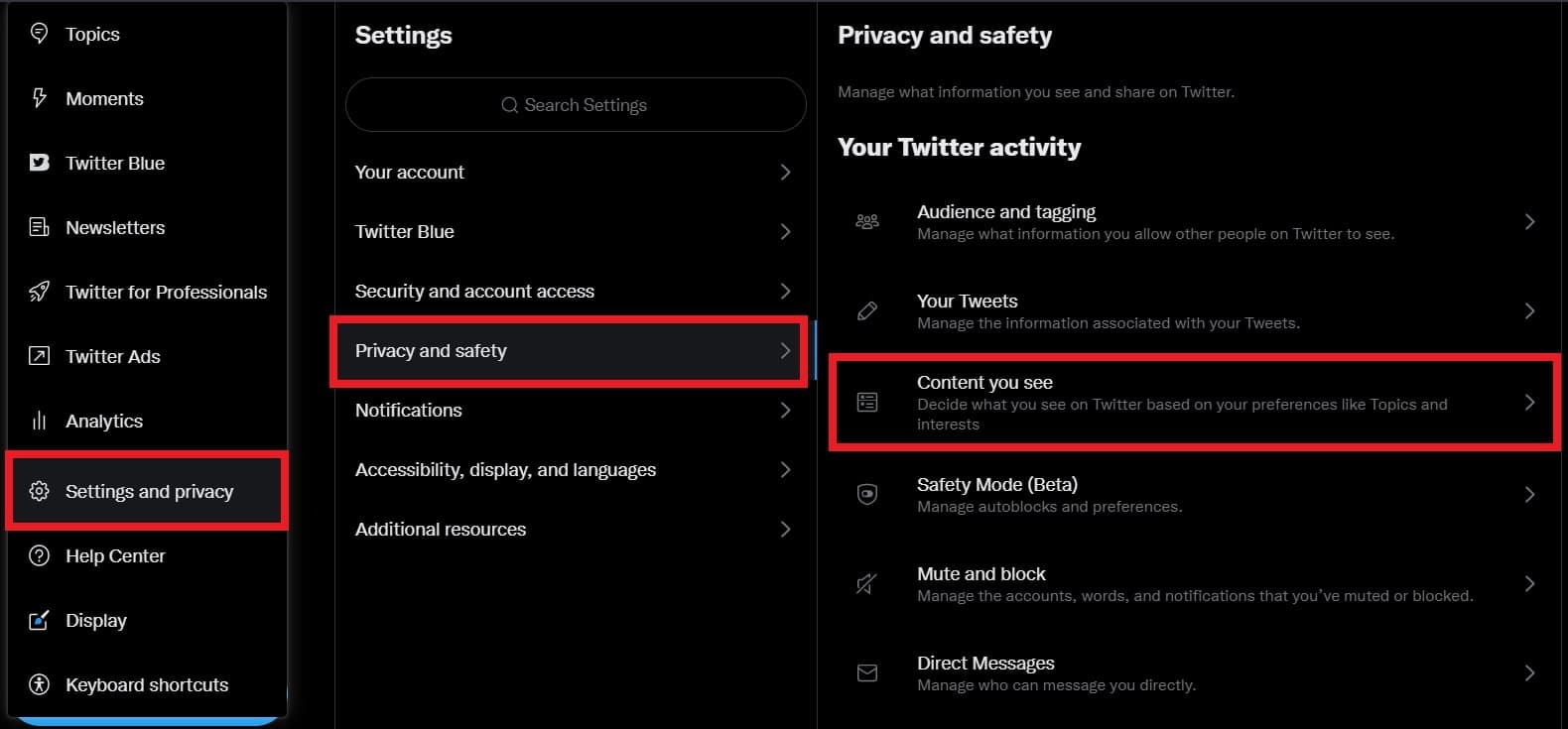 Twitter X settings screen showing the sensitive content display option being toggled on