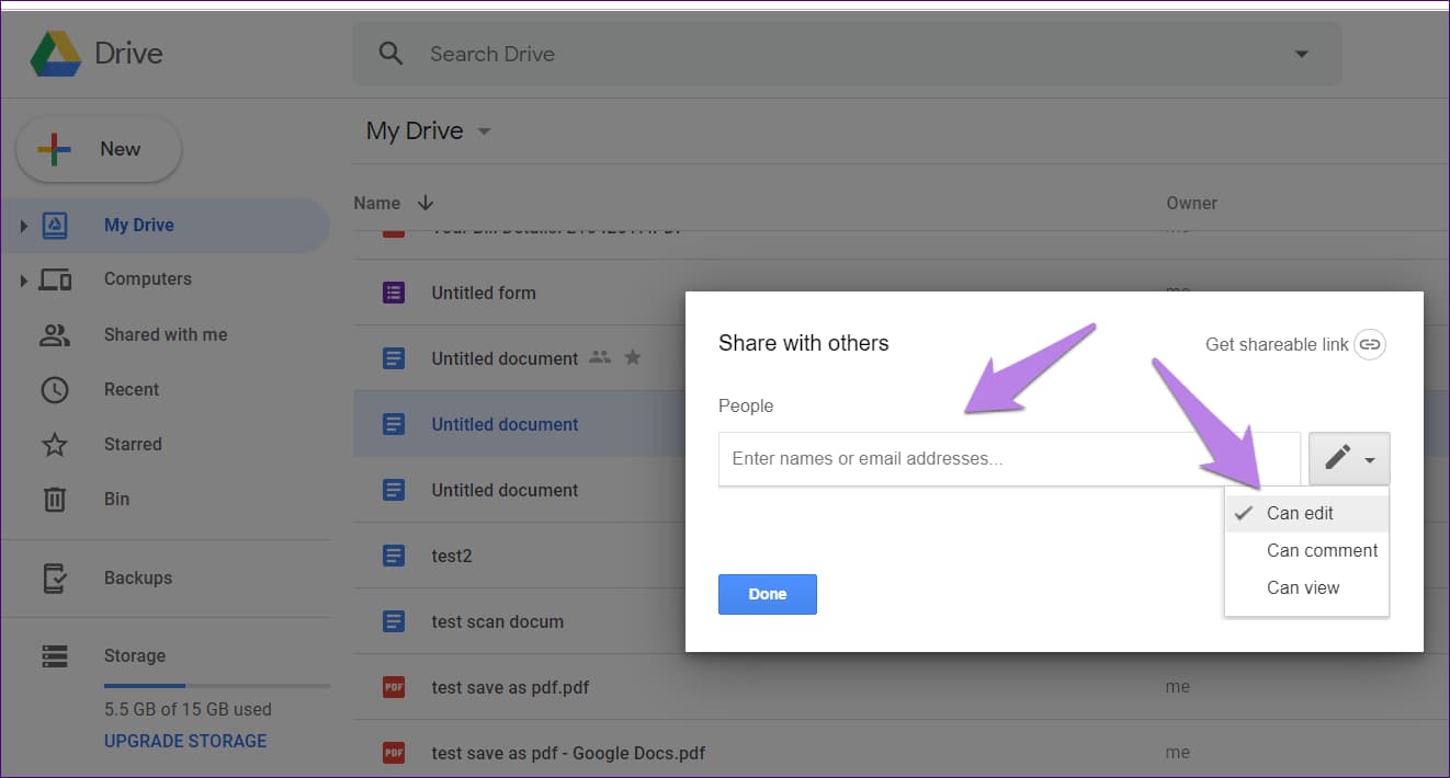 Google Drive sharing dialog showing permission level options for a shared folder