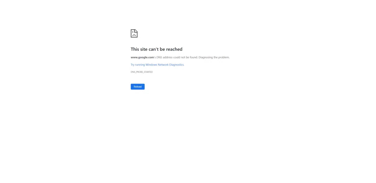 Google Chrome error page showing the DNS_PROBE_STARTED connection failure message